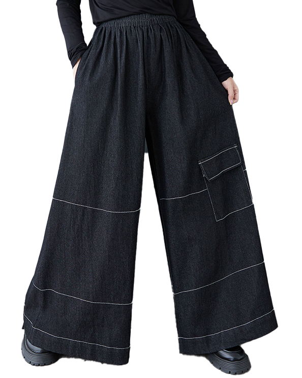 ellazhu Women's Pants Loose Elastic Wide Leg High Waist Vintage Solid Sweatpants Side Pockets GZ649 Black