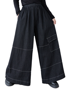 ellazhu Women's Pants Loose Elastic Wide Leg High Waist Vintage Solid Sweatpants Side Pockets GZ649 Black