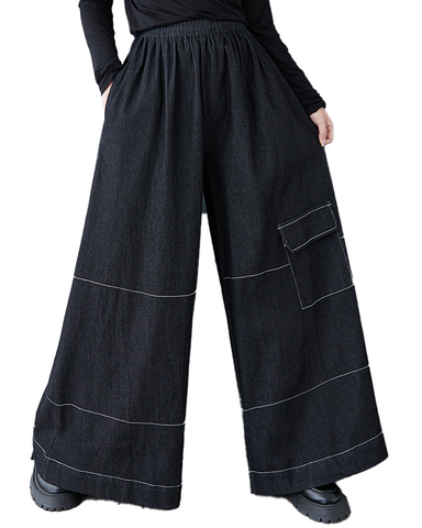 ellazhu Women's Pants Loose Elastic Wide Leg High Waist Vintage Solid Sweatpants Side Pockets GZ649 Black