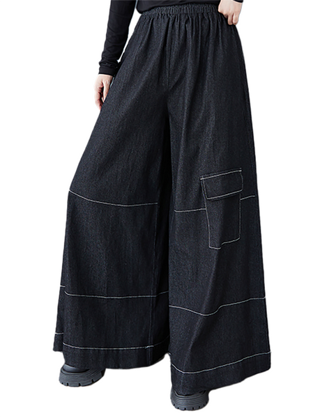 ellazhu Women's Pants Loose Elastic Wide Leg High Waist Vintage Solid Sweatpants Side Pockets GZ649 Black