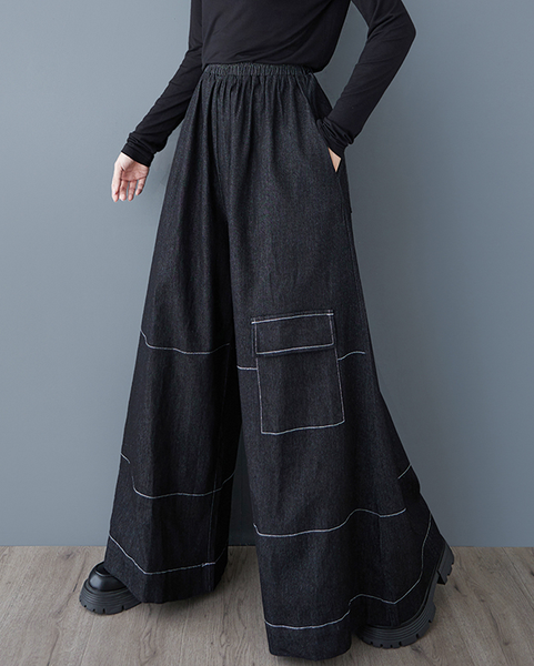 ellazhu Women's Pants Loose Elastic Wide Leg High Waist Vintage Solid Sweatpants Side Pockets GZ649 Black