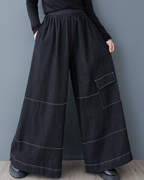 ellazhu Women's Pants Loose Elastic Wide Leg High Waist Vintage Solid Sweatpants Side Pockets GZ649 Black