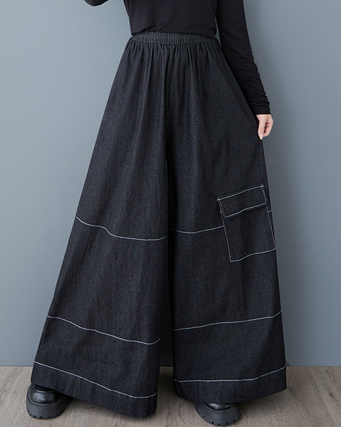 ellazhu Women's Pants Loose Elastic Wide Leg High Waist Vintage Solid Sweatpants Side Pockets GZ649 Black