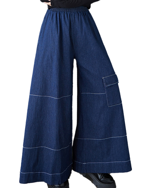 ellazhu Women's Pants Loose Elastic Wide Leg High Waist Vintage Solid Sweatpants Side Pockets GZ649 Black