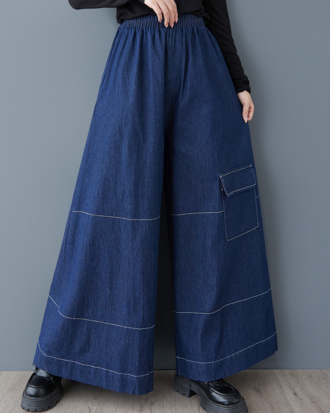 ellazhu Women's Pants Loose Elastic Wide Leg High Waist Vintage Solid Sweatpants Side Pockets GZ649 Black