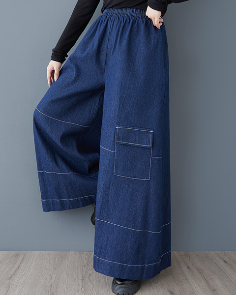 ellazhu Women's Pants Loose Elastic Wide Leg High Waist Vintage Solid Sweatpants Side Pockets GZ649 Black