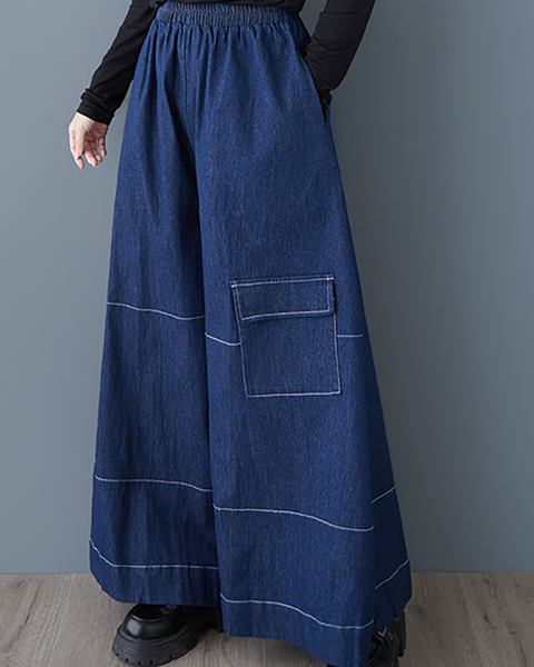 ellazhu Women's Pants Loose Elastic Wide Leg High Waist Vintage Solid Sweatpants Side Pockets GZ649 Black