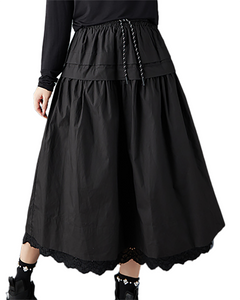ellazhu Women's Skirt Loose Oversize Pleated Elastic Waist Casual Ruffle Hem Side Pockets GZ651 Black