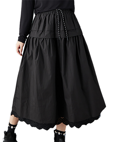 ellazhu Women's Skirt Loose Oversize Pleated Elastic Waist Casual Ruffle Hem Side Pockets GZ651 Black