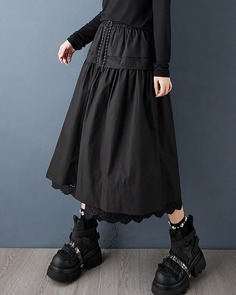ellazhu Women's Skirt Loose Oversize Pleated Elastic Waist Casual Ruffle Hem Side Pockets GZ651 Black