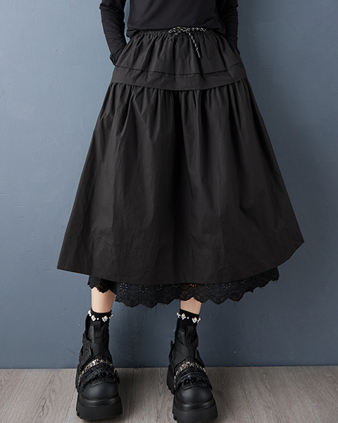 ellazhu Women's Skirt Loose Oversize Pleated Elastic Waist Casual Ruffle Hem Side Pockets GZ651 Black
