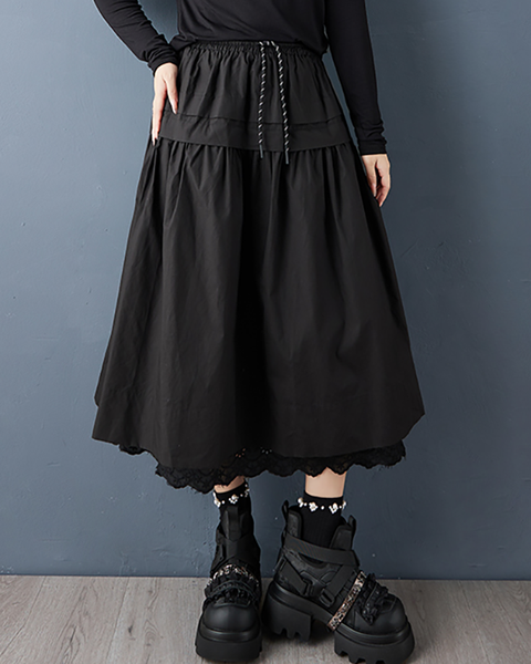 ellazhu Women's Skirt Loose Oversize Pleated Elastic Waist Casual Ruffle Hem Side Pockets GZ651 Black