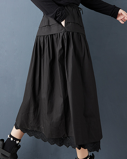ellazhu Women's Skirt Loose Oversize Pleated Elastic Waist Casual Ruffle Hem Side Pockets GZ651 Black