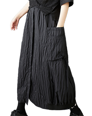 ellazhu Women's Skirt A-line Loose Oversize Pleated Elastic Waist Casual Long Maxi Hem Side Pockets GZ652 Black