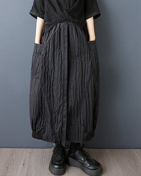ellazhu Women's Skirt A-line Loose Oversize Pleated Elastic Waist Casual Long Maxi Hem Side Pockets GZ652 Black