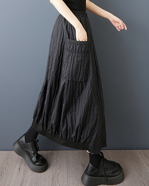 ellazhu Women's Skirt A-line Loose Oversize Pleated Elastic Waist Casual Long Maxi Hem Side Pockets GZ652 Black
