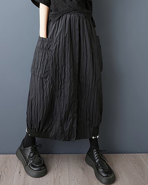 ellazhu Women's Skirt A-line Loose Oversize Pleated Elastic Waist Casual Long Maxi Hem Side Pockets GZ652 Black