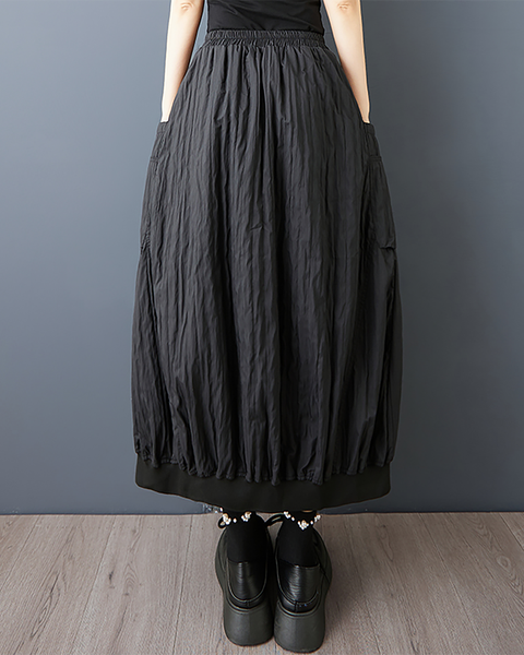 ellazhu Women's Skirt A-line Loose Oversize Pleated Elastic Waist Casual Long Maxi Hem Side Pockets GZ652 Black