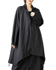 ellazhu Women's Coats Mock Neck Long Sleeve Oversize Zip Up Drawstring Solid Outerwear Side Pockets GZ653 Black