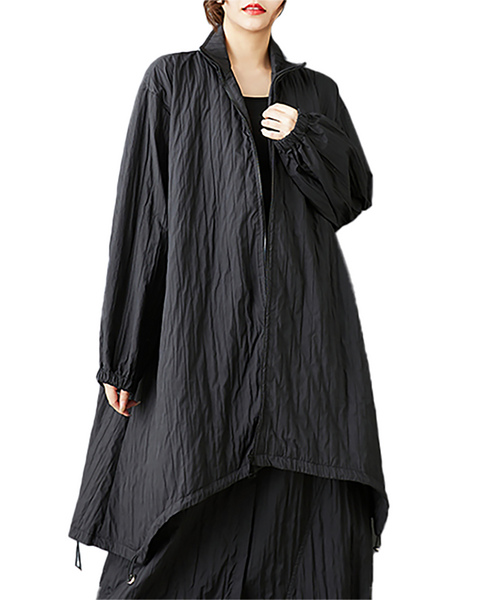 ellazhu Women's Coats Mock Neck Long Sleeve Oversize Zip Up Drawstring Solid Outerwear Side Pockets GZ653 Black