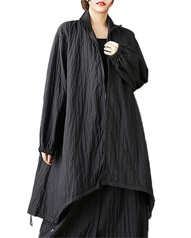 ellazhu Women's Coats Mock Neck Long Sleeve Oversize Zip Up Drawstring Solid Outerwear Side Pockets GZ653 Black