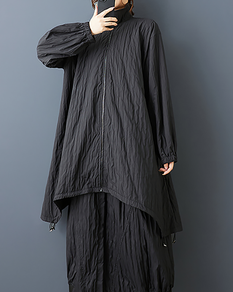 ellazhu Women's Coats Mock Neck Long Sleeve Oversize Zip Up Drawstring Solid Outerwear Side Pockets GZ653 Black