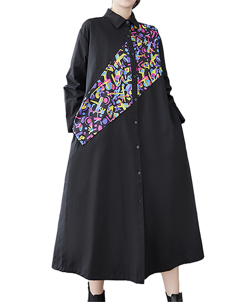 ellazhu Women's Dress Casual Vintage Lapel Long Sleeve Oversize Printed Side Pockets Button Down GZ654 Black