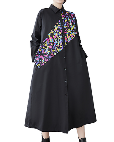 ellazhu Women's Dress Casual Vintage Lapel Long Sleeve Oversize Printed Side Pockets Button Down GZ654 Black