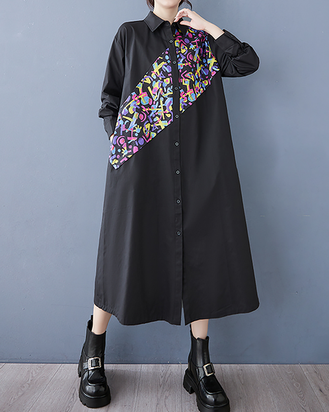 ellazhu Women's Dress Casual Vintage Lapel Long Sleeve Oversize Printed Side Pockets Button Down GZ654 Black