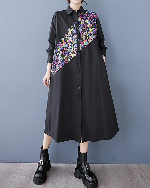 ellazhu Women's Dress Casual Vintage Lapel Long Sleeve Oversize Printed Side Pockets Button Down GZ654 Black