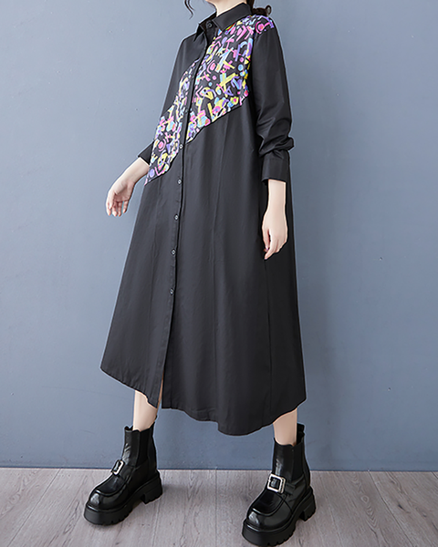 ellazhu Women's Dress Casual Vintage Lapel Long Sleeve Oversize Printed Side Pockets Button Down GZ654 Black