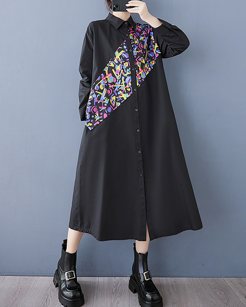 ellazhu Women's Dress Casual Vintage Lapel Long Sleeve Oversize Printed Side Pockets Button Down GZ654 Black