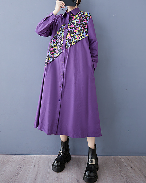 ellazhu Women's Dress Casual Vintage Lapel Long Sleeve Oversize Printed Side Pockets Button Down GZ654 Black