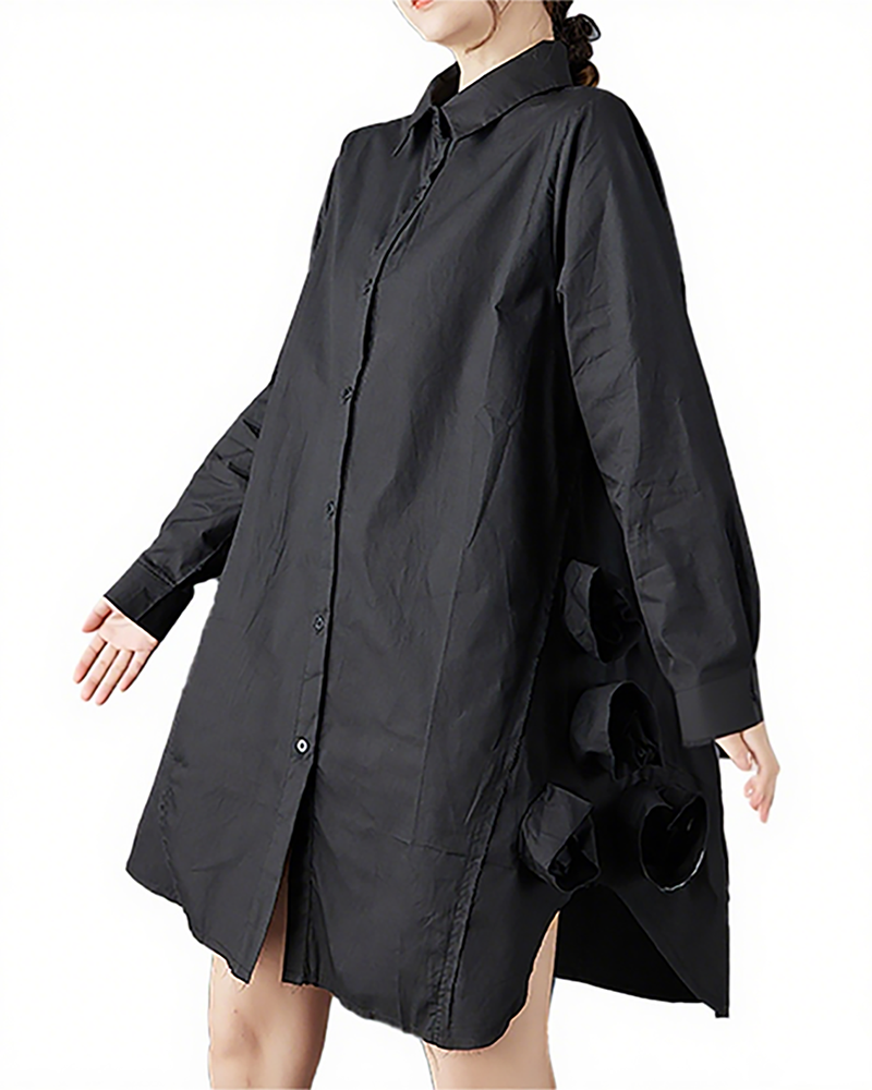 ellazhu Women's Dress Casual Mid Length Lapel Long Sleeve Oversize Solid Split Hem Button Down GZ655 Black
