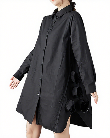 ellazhu Women's Dress Casual Mid Length Lapel Long Sleeve Oversize Solid Split Hem Button Down GZ655 Black