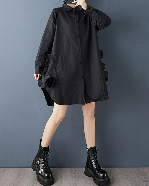 ellazhu Women's Dress Casual Mid Length Lapel Long Sleeve Oversize Solid Split Hem Button Down GZ655 Black