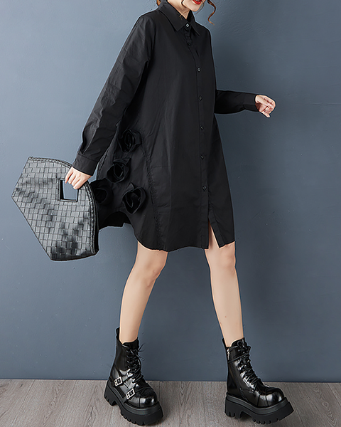 ellazhu Women's Dress Casual Mid Length Lapel Long Sleeve Oversize Solid Split Hem Button Down GZ655 Black