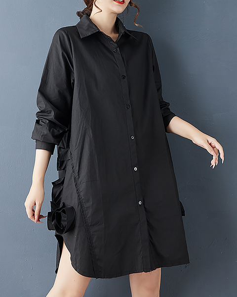 ellazhu Women's Dress Casual Mid Length Lapel Long Sleeve Oversize Solid Split Hem Button Down GZ655 Black