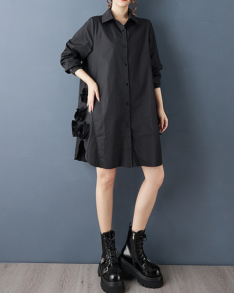 ellazhu Women's Dress Casual Mid Length Lapel Long Sleeve Oversize Solid Split Hem Button Down GZ655 Black