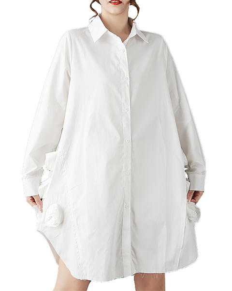 ellazhu Women's Dress Casual Mid Length Lapel Long Sleeve Oversize Solid Split Hem Button Down GZ655 Black