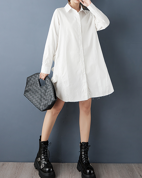 ellazhu Women's Dress Casual Mid Length Lapel Long Sleeve Oversize Solid Split Hem Button Down GZ655 Black