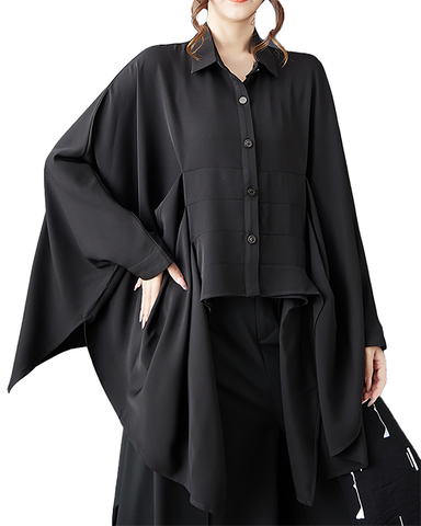 ellazhu Women's Shirt Button Down Lapel Batwing Long Sleeve Solid Irregular Hem Loose Oversize GZ656 Black