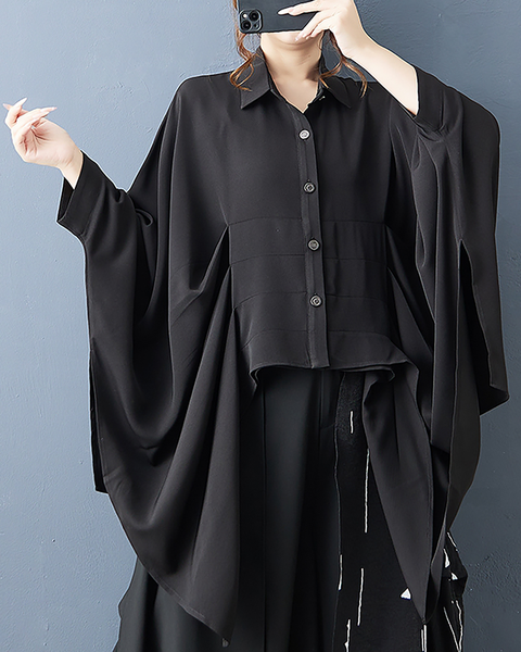 ellazhu Women's Shirt Button Down Lapel Batwing Long Sleeve Solid Irregular Hem Loose Oversize GZ656 Black