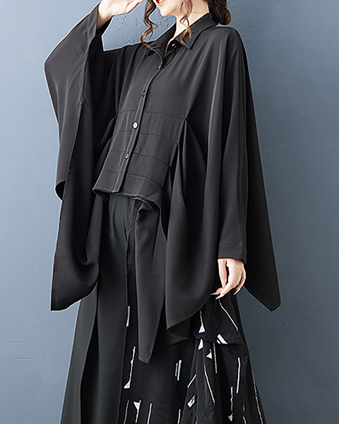 ellazhu Women's Shirt Button Down Lapel Batwing Long Sleeve Solid Irregular Hem Loose Oversize GZ656 Black