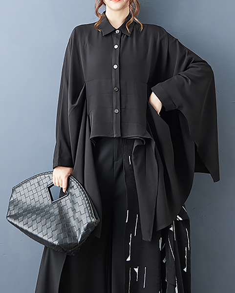 ellazhu Women's Shirt Button Down Lapel Batwing Long Sleeve Solid Irregular Hem Loose Oversize GZ656 Black