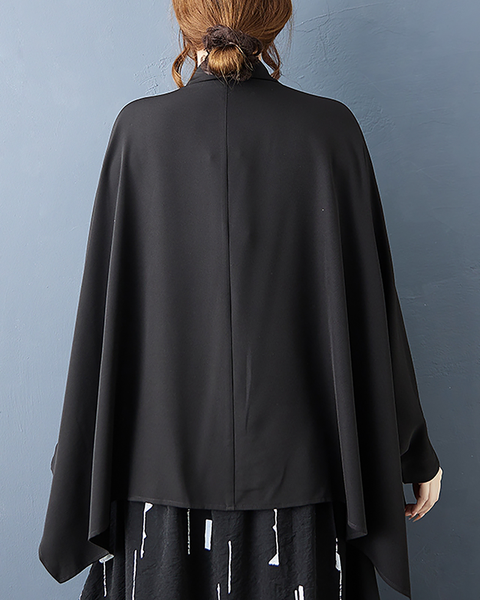 ellazhu Women's Shirt Button Down Lapel Batwing Long Sleeve Solid Irregular Hem Loose Oversize GZ656 Black