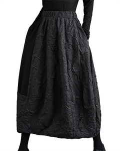 ellazhu Women's Skirt Loose Oversize Patchwork A-line High Elastic Waist Solid Side Pockets GZ657 Black