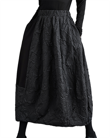 ellazhu Women's Skirt Loose Oversize Patchwork A-line High Elastic Waist Solid Side Pockets GZ657 Black