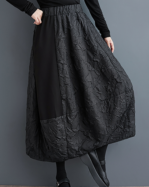 ellazhu Women's Skirt Loose Oversize Patchwork A-line High Elastic Waist Solid Side Pockets GZ657 Black