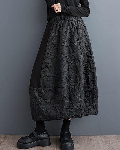 ellazhu Women's Skirt Loose Oversize Patchwork A-line High Elastic Waist Solid Side Pockets GZ657 Black